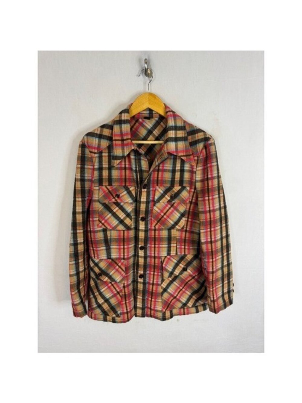 Vintage 70s Utex Canada Plaid Safari Shirt Jacket Mens 38 Brown Orange Pockets